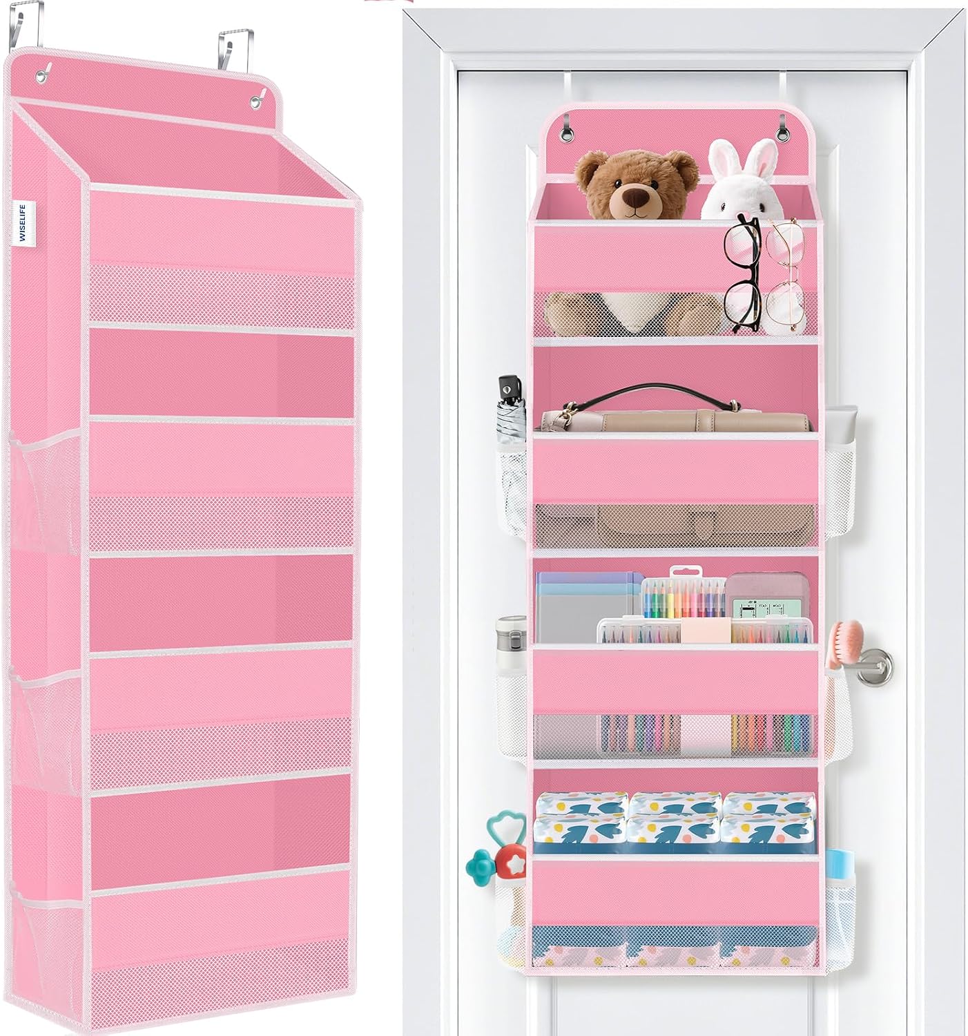 WISELIFE Over The Door Organizer Storage 4 Shelves Large Capacity Hanging Bedroom Storage Solution with 6 Side Pockets for Dorm Bathroom Pantry Nursery and Baby Essentials Holds up to 40 Lbs (Black)