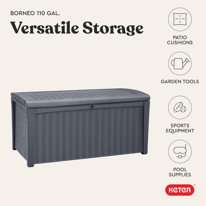 Keter Outdoor Storage Deck Box for Patio, Backyard & Garden, Borneo, 110 Gal, Grey - Lockable, Organizing, and Waterproof Plastic Container Bench