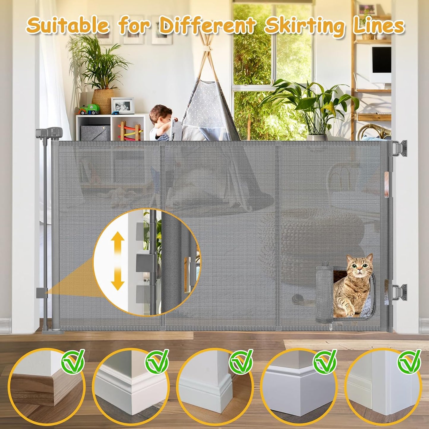 Reinforced 60” Wide Retractable Pet Gate with Cat Door Mesh Baby Gate for Stairs with Reinforced Strips Retractable Dog Gates with Cat Door Mesh Dog Gates for Doorways Separating Dogs from Cats, White