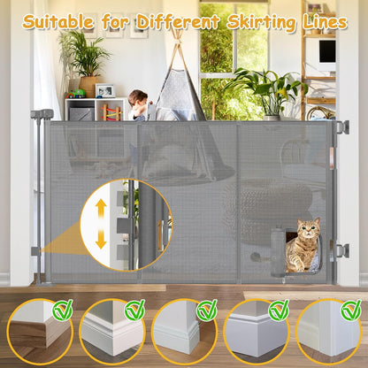 Reinforced 60” Wide Retractable Pet Gate with Cat Door Mesh Baby Gate for Stairs with Reinforced Strips Retractable Dog Gates with Cat Door Mesh Dog Gates for Doorways Separating Dogs from Cats, White