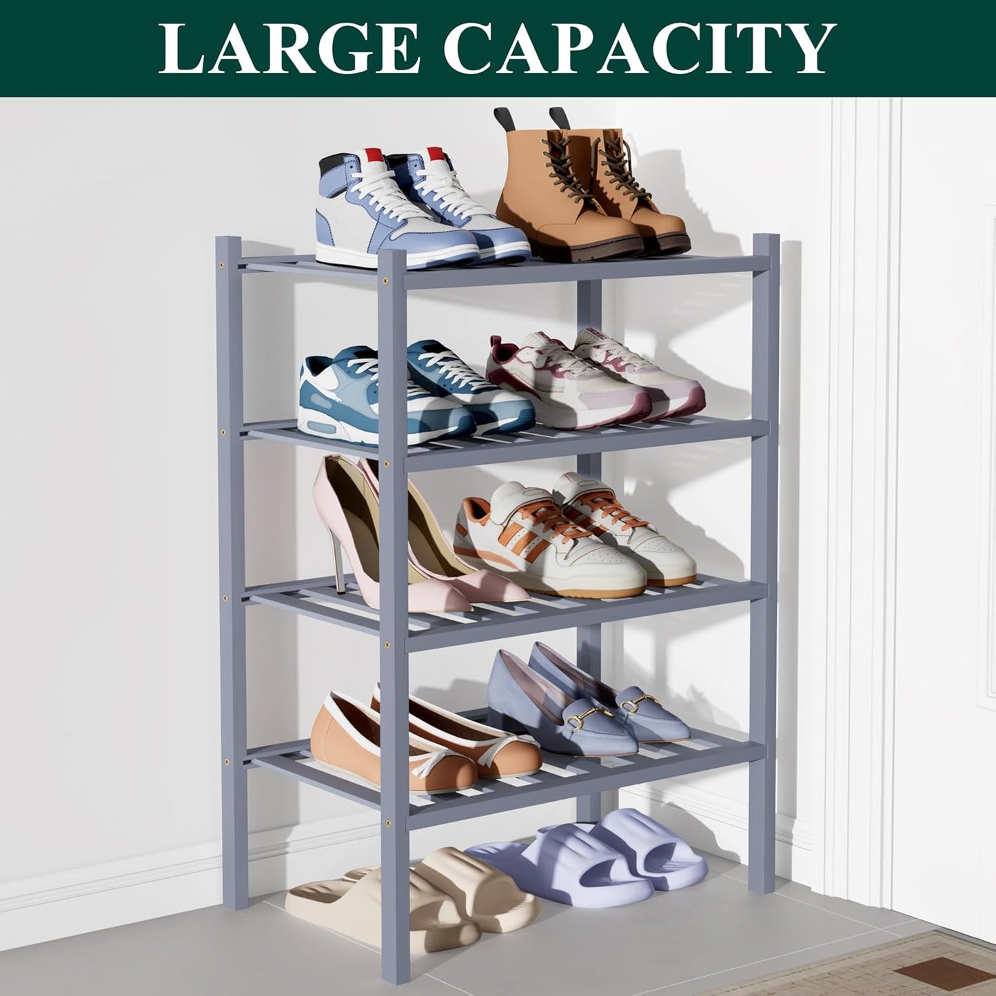 Smiry Bamboo Shoe Rack for Closet, 3 Tier Wooden Shoe Organizer, Stackable Wood Shoe Storage Shelf for Entryway, 14 Vertical Slats, One-piece Heavy-Duty Legs, 26.77"x11.02"x18.31", Natural