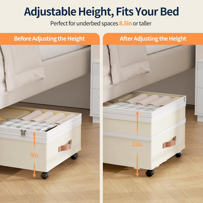 Yecaye 90L Under Bed Storage with Wheels, 8 in-11 in Height Adjustable Under Bed Storage Containers, Under Bed Shoe Storage with Lids & Label, Rolling Underbed Storage bins for Clothes, Toys, Grey
