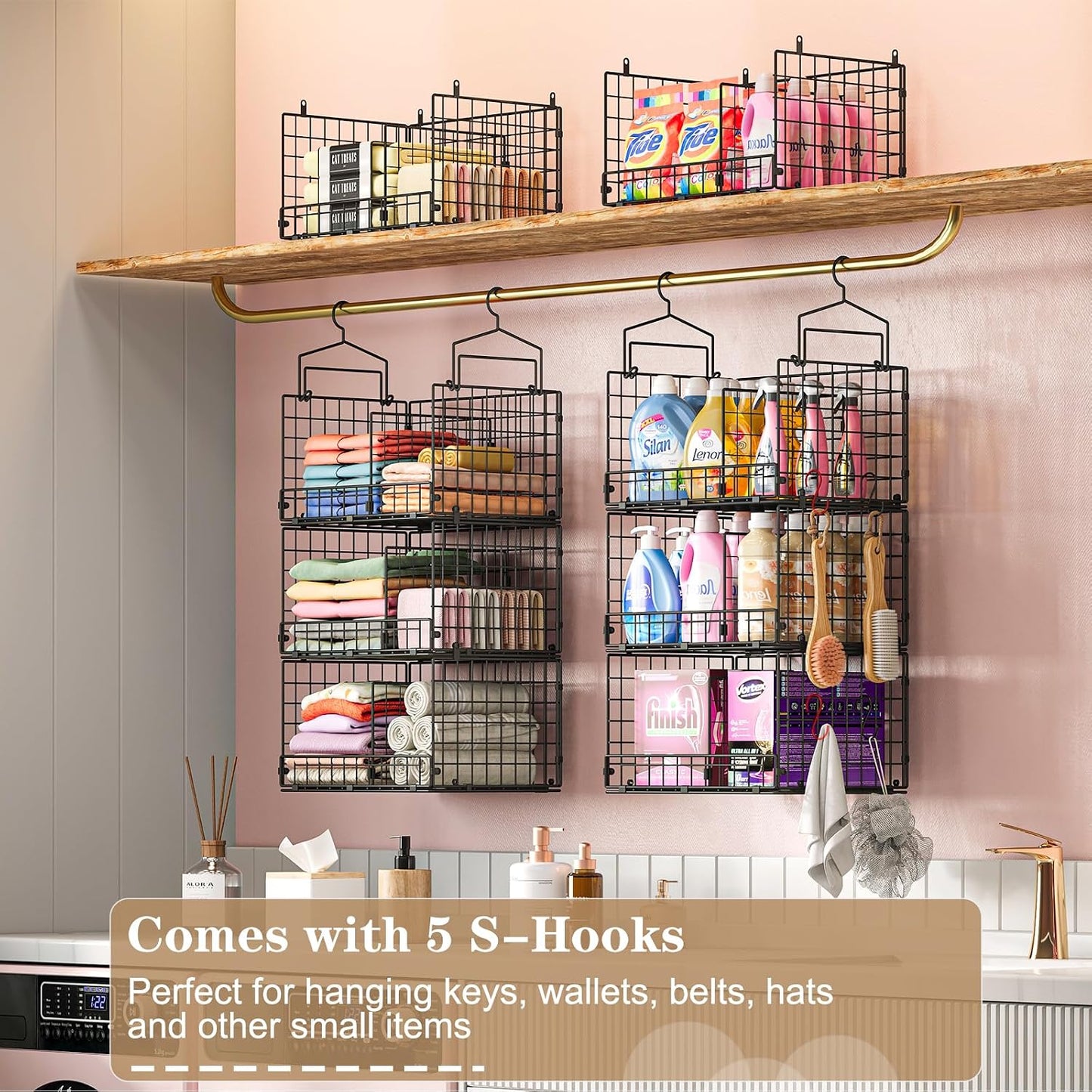 Sonyabecca 3-Tier Hanging Closet Organizers and Storage, Foldable Stackable Wire Basket Bins with 5 S Hooks, Space-Saving Hanging Closet Shelf for Clothing, Sweaters, Handbags, Hats,Purse