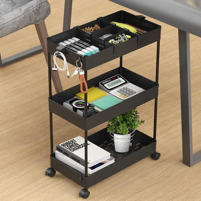 SPACELEAD 3 Tier Rolling Cart with Wheels, Storage Craft Art Trolley Organizer Serving, 3 Hanging Baskets Easy Assembly, for Office, Bathroom，Living Room, Kitchen, White