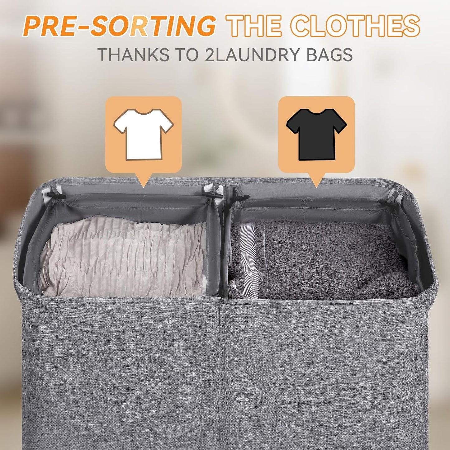 Chrislley 140L Laundry Hamper 2 Section, Double Laundry Basket with Lid, Large Dirty Clothes Hamper with Removable Liner Bags, Collapsible Laundry Organizer for Bedroom, Dorm,Beige