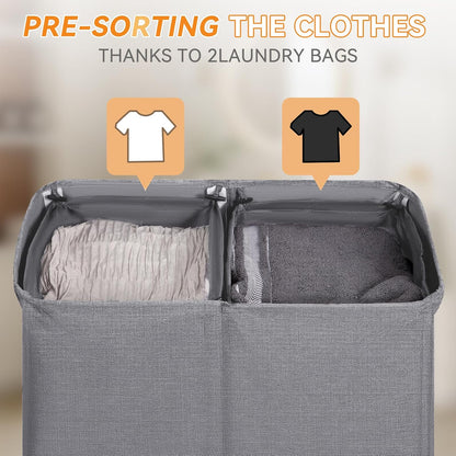 Chrislley 140L Laundry Hamper 2 Section, Double Laundry Basket with Lid, Large Dirty Clothes Hamper with Removable Liner Bags, Collapsible Laundry Organizer for Bedroom, Dorm,Beige