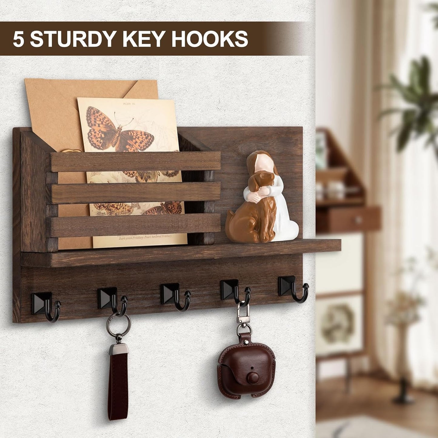 Key Holder Wall Mount, Mail Organizer for Wall with 5 Square Rustic Key Hooks Key Shelf Farmhouse Home Decor for Entryway