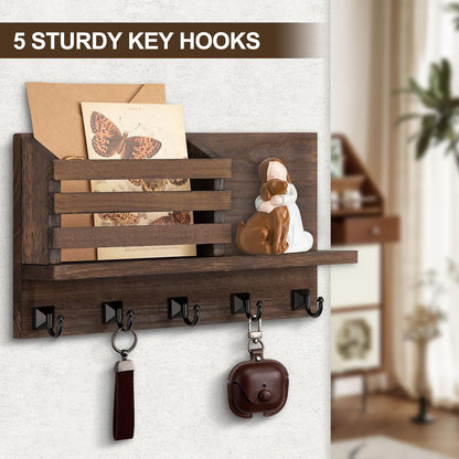 Key Holder Wall Mount, Mail Organizer for Wall with 5 Square Rustic Key Hooks Key Shelf Farmhouse Home Decor for Entryway