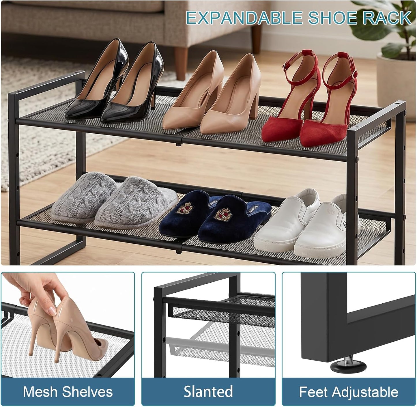 Garden 4 you Shoe Rack - Expandable Shoe Organizer for Closet, Metal Shoe Shelf Organizer, Stackable Adjustable Shoe Storage Shelf for Entryway, Garage, Door Entrance (2-Tier)