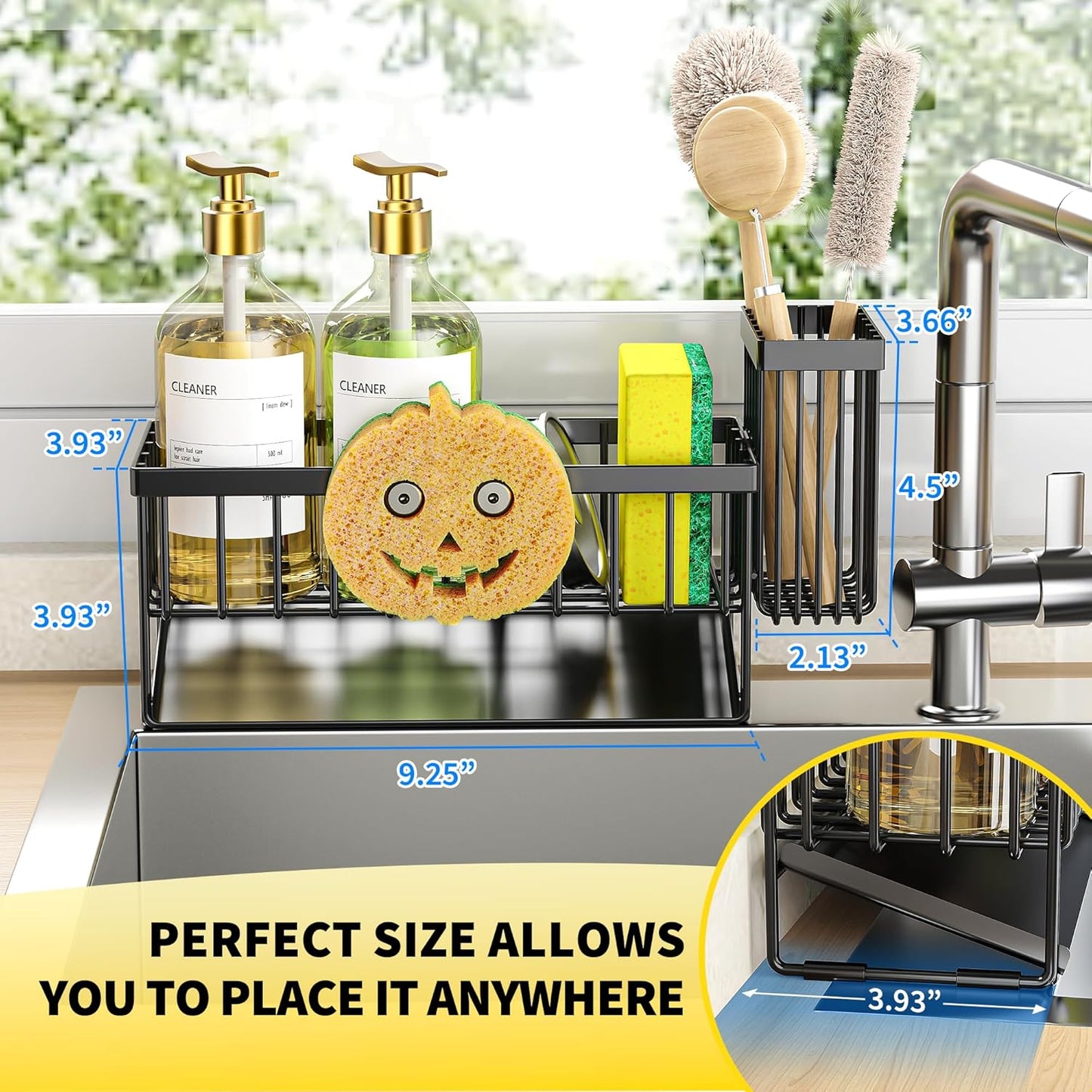 Cisily Sink Caddy Sponge Holder for Kitchen with Brush Holder and Stainless Steel Self Drain Tray, Rustproof Kitchen Sink Organizer for Sponge, Soap Dispenser Storage Accessories