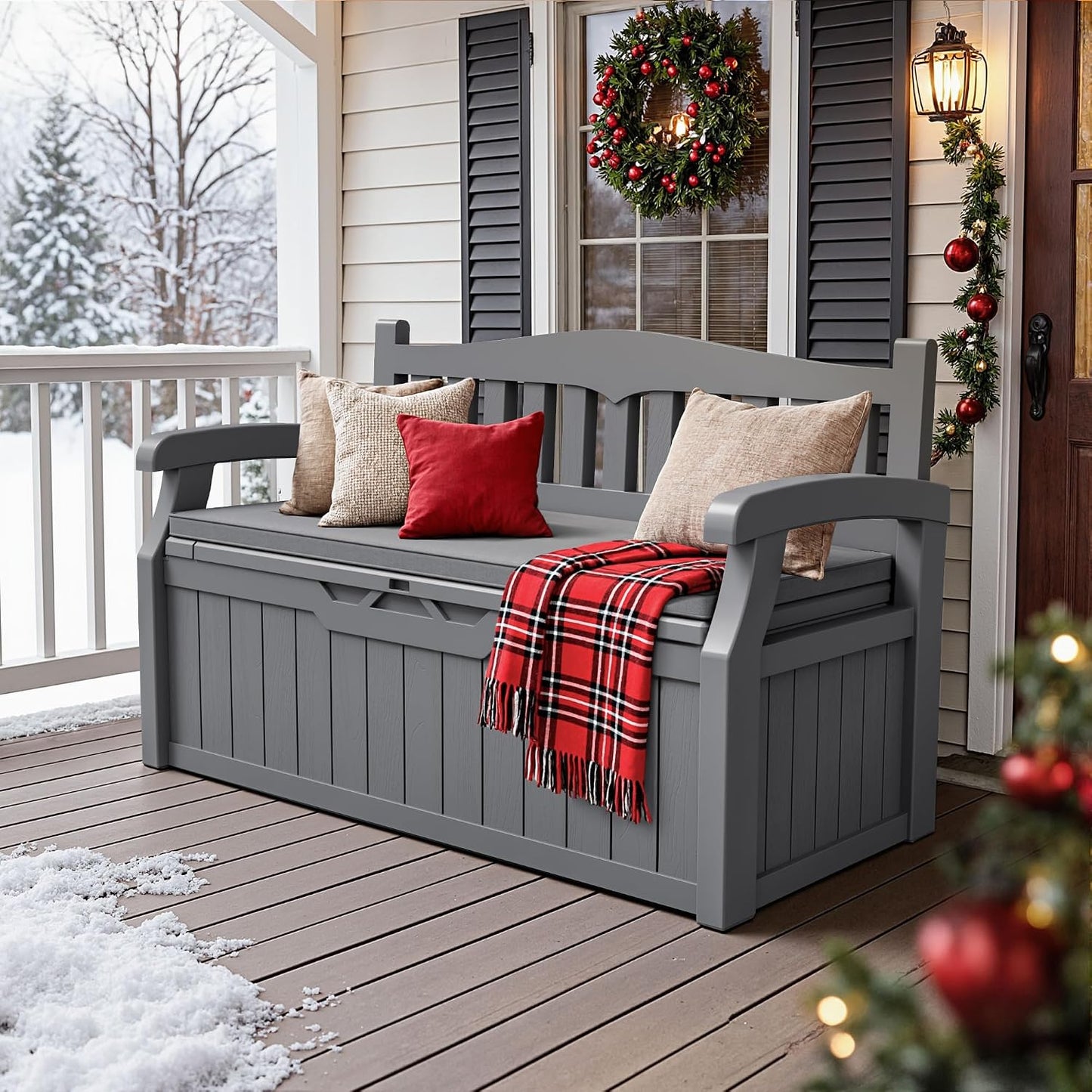JUMMICO 80 Gallon Resin Outdoor Storage Bench, Large Deck Box with Armrest, Lockable&Waterproof for Garden, Home, Patio, Pools (Black, 80 Gallon)