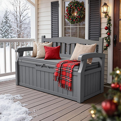 JUMMICO 80 Gallon Resin Outdoor Storage Bench, Large Deck Box with Armrest, Lockable&Waterproof for Garden, Home, Patio, Pools (Black, 80 Gallon)