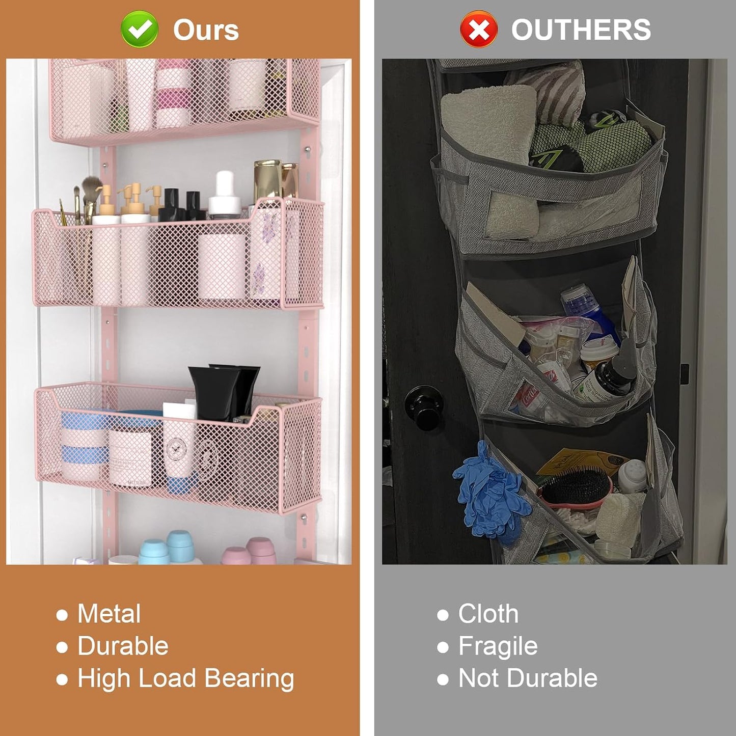VyGrow Over The Door Organizer, Metal Door Organizer Hanging with 5 Adjustable Baskets and Coat Hook, Behind The Door Storage for Bedroom Closet Bathroom Pantry Cabinet Kitchen, Black
