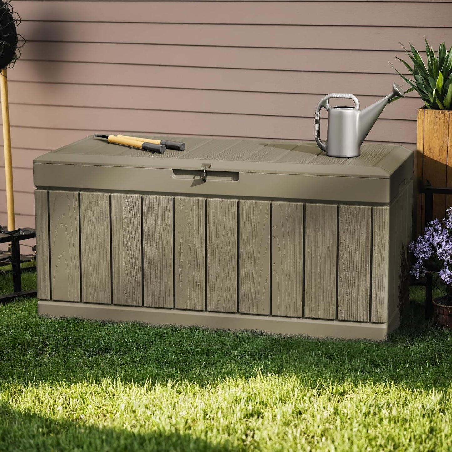Greesum 110 Gallon Outdoor Storage Box with Lockable Lid, All-Weather for Patio Furniture, Pool Supplies & Garden Tools, Waterproof, UV-Resistant Large Deck Box, Dark Black