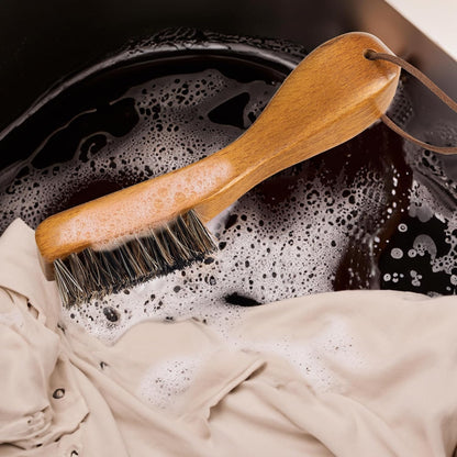 TAKAVU Laundry Stain Brush, Natural Black Boar Bristle, Safe on Delicates | Clothes Cleaning Scrubber, Stain Remover for Shirts, Collars, Cuffs & Shoes, Curved Beech Wood Handle with Hanging Loop