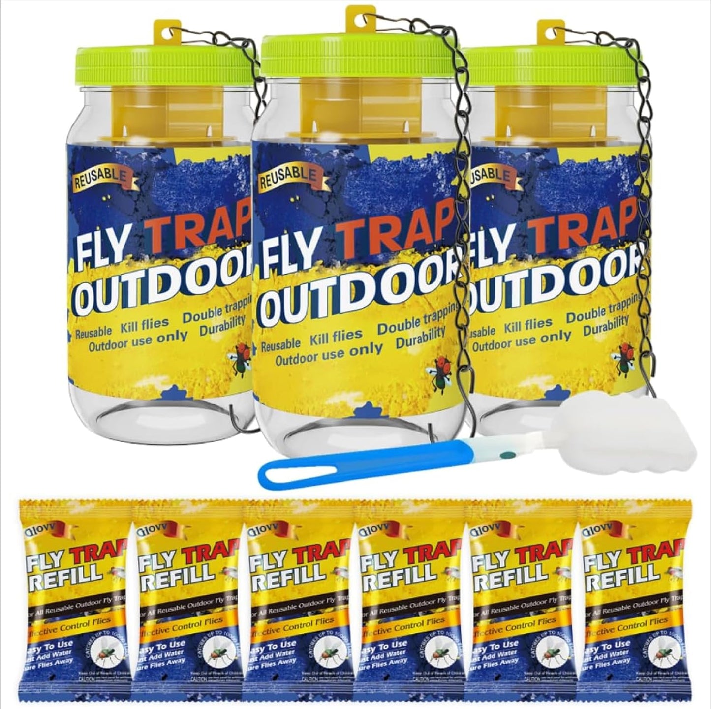 Reusable Fly Traps Outdoor Bottles, 3 Pack Fly Killer Catcher Jar with 6 Natural Magnet Bait Refills Lure, Flies Bug Insect Trap Control Outdoor Hanging for Outside Barns, Stable, Patio