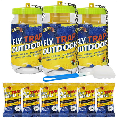 Reusable Fly Traps Outdoor Bottles, 3 Pack Fly Killer Catcher Jar with 6 Natural Magnet Bait Refills Lure, Flies Bug Insect Trap Control Outdoor Hanging for Outside Barns, Stable, Patio