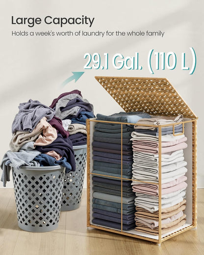 SONGMICS Laundry Hamper with Lid, 23.8 Gallon (90 L) Synthetic Rattan Clothes Laundry Basket with Lid and Handles, Foldable, Removable Liner, Chestnut Brown ULCB051K02