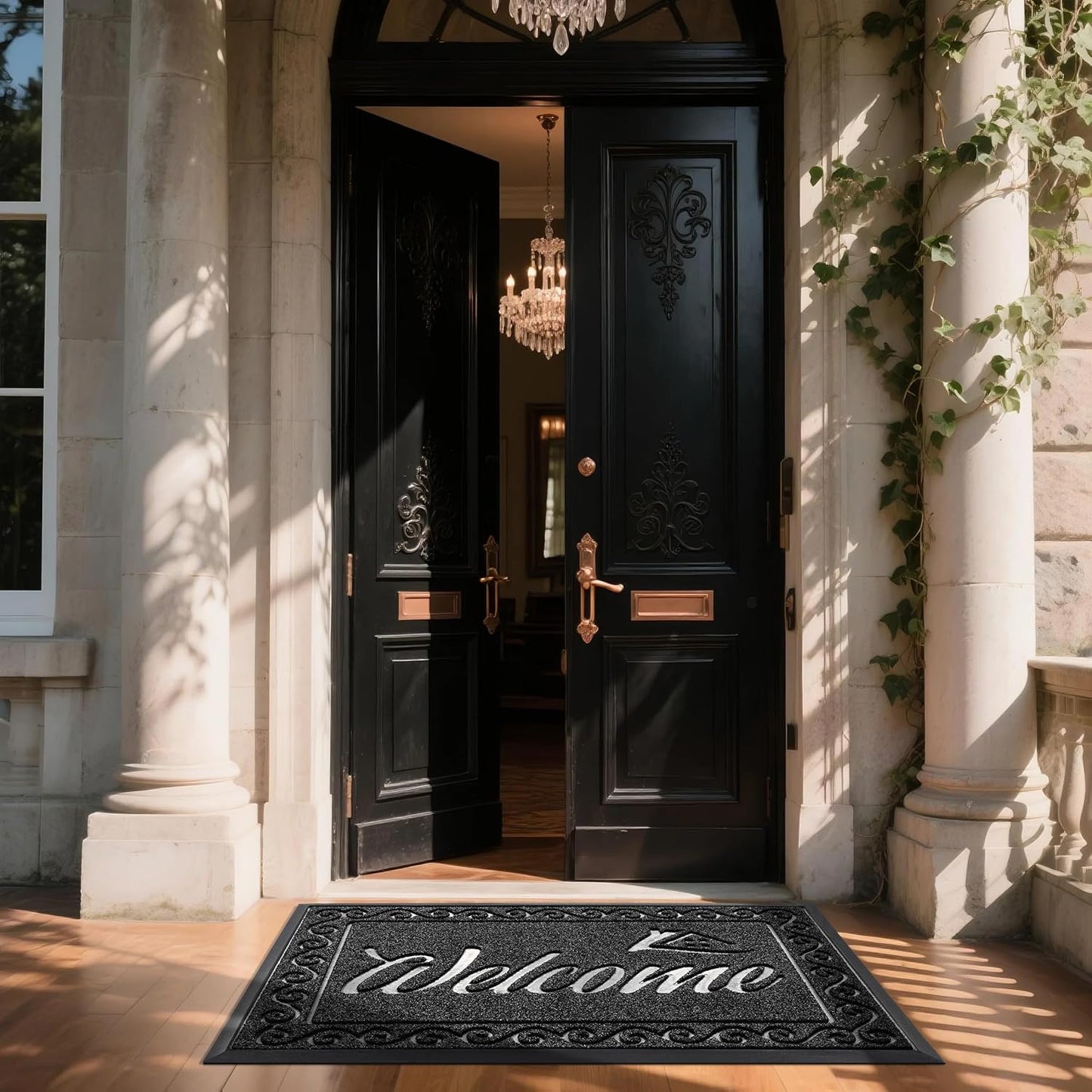 Yimobra Welcome Mat, Heavy Duty Sturdy Door Mats for Home Entrance Outdoor Indoor, Front Doormat for Outside Patio Floor Entry Porch Garage Office, Waterproof, Low Profile, 29.5x17, Black Grey