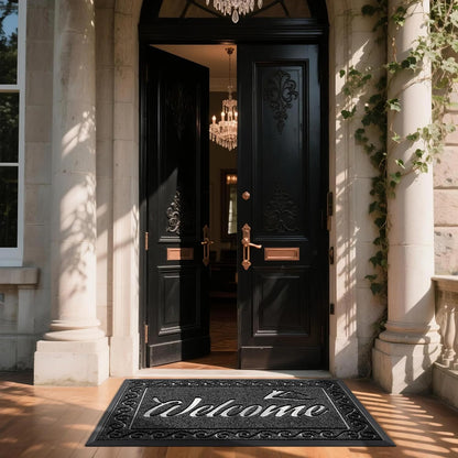 Yimobra Welcome Mat, Heavy Duty Sturdy Door Mats for Home Entrance Outdoor Indoor, Front Doormat for Outside Patio Floor Entry Porch Garage Office, Waterproof, Low Profile, 29.5x17, Black Grey