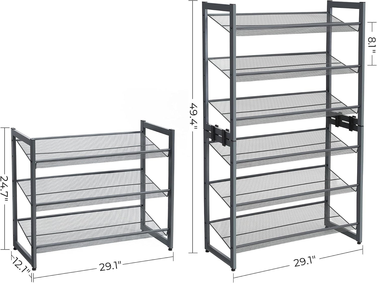 SONGMICS Shoe Rack, 12-Tier Shoe Organizer, Metal Shoe Storage for Garage, Entryway, Set of 2 6-Tier Stackable Shoe Shelf, with Adjustable Flat or Angled Shelves, Holds 48-60 Pairs, Black ULMR12B