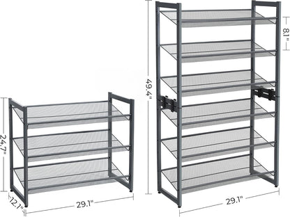 SONGMICS Shoe Rack, 12-Tier Shoe Organizer, Metal Shoe Storage for Garage, Entryway, Set of 2 6-Tier Stackable Shoe Shelf, with Adjustable Flat or Angled Shelves, Holds 48-60 Pairs, Black ULMR12B
