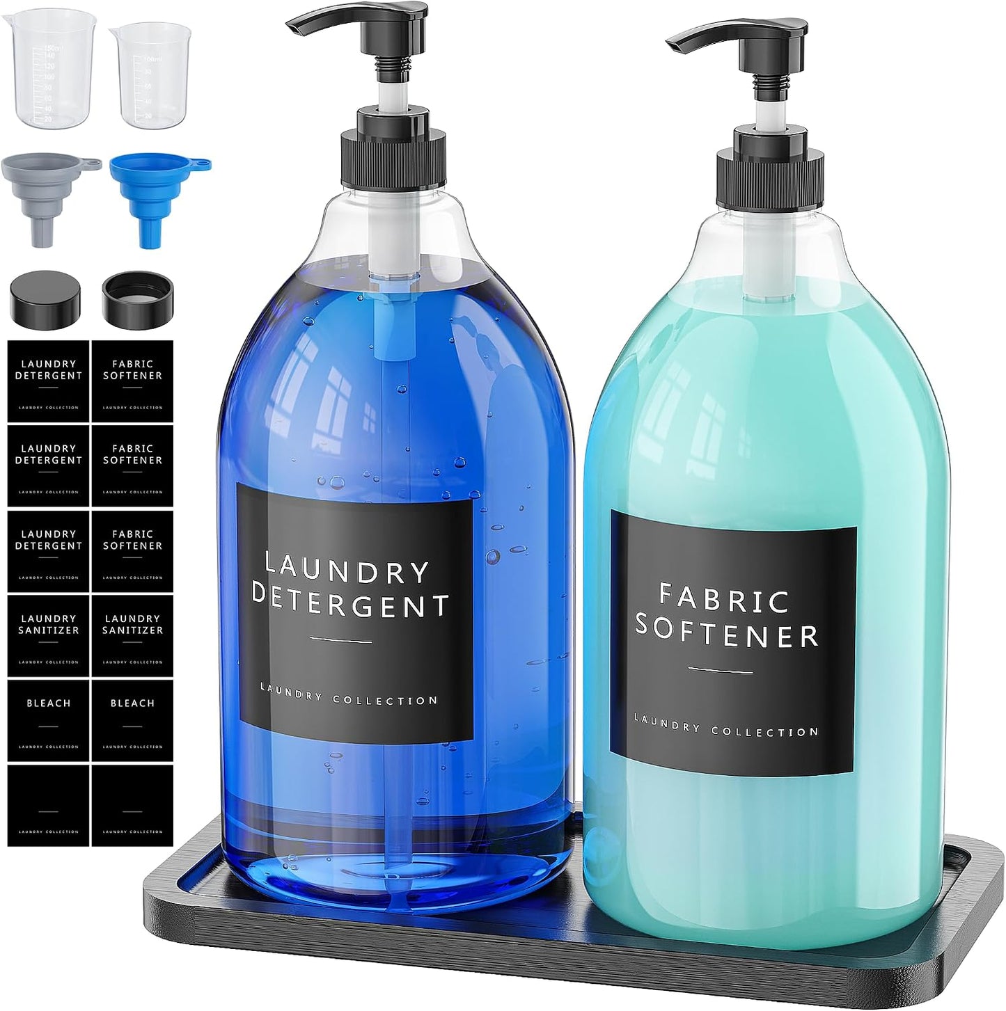 Moforoco 2 Pack Black Liquid Laundry Detergent Dispenser with Bamboo Tray, 64 Oz Plastic Laundry Soap Dispenser, Fabric Softener Dispenser with Pump and Labels for Laundry Room Decor and Organization