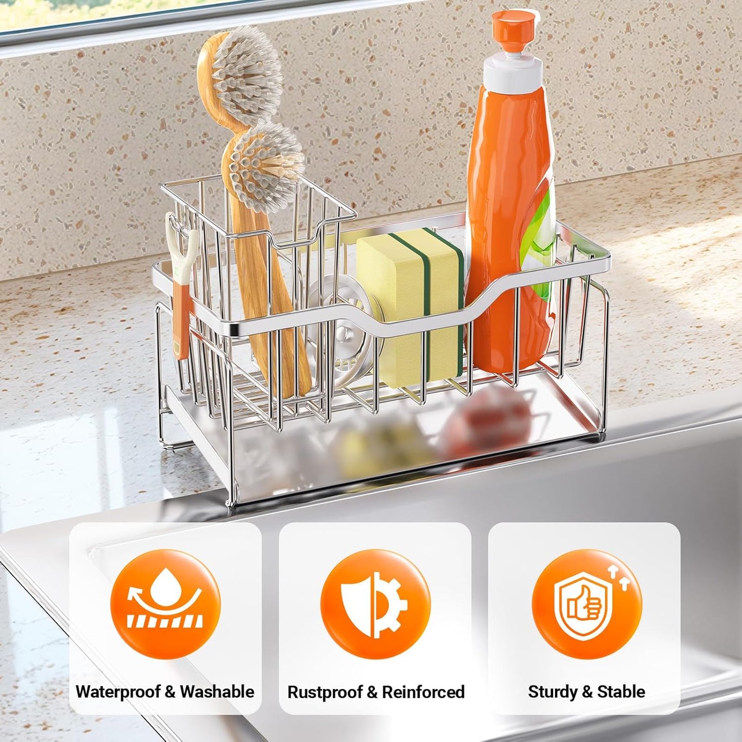 StorageRight Kitchen Sink Caddy Organizer, Rustproof Sponge Holder for Kitchen Sink, Instant Dry High Brush Holders with Drain Tray, Anti-Slip Storage Organization Essentials, Black