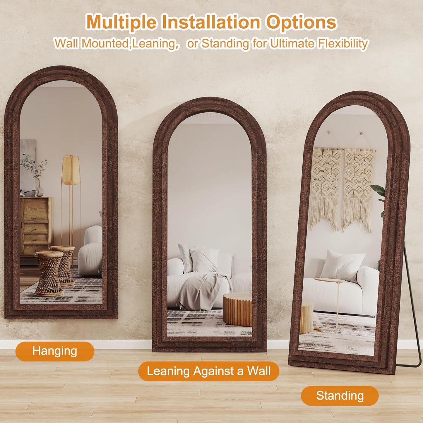 ZHUNFA Arched Full Length Mirror with Solid Wood Frame | 65x22 Farmhouse Wall Mirror Full Length with Stand, Vertical Hanging, Leaning Standing for Bedroom,Living Room, Rustic White
