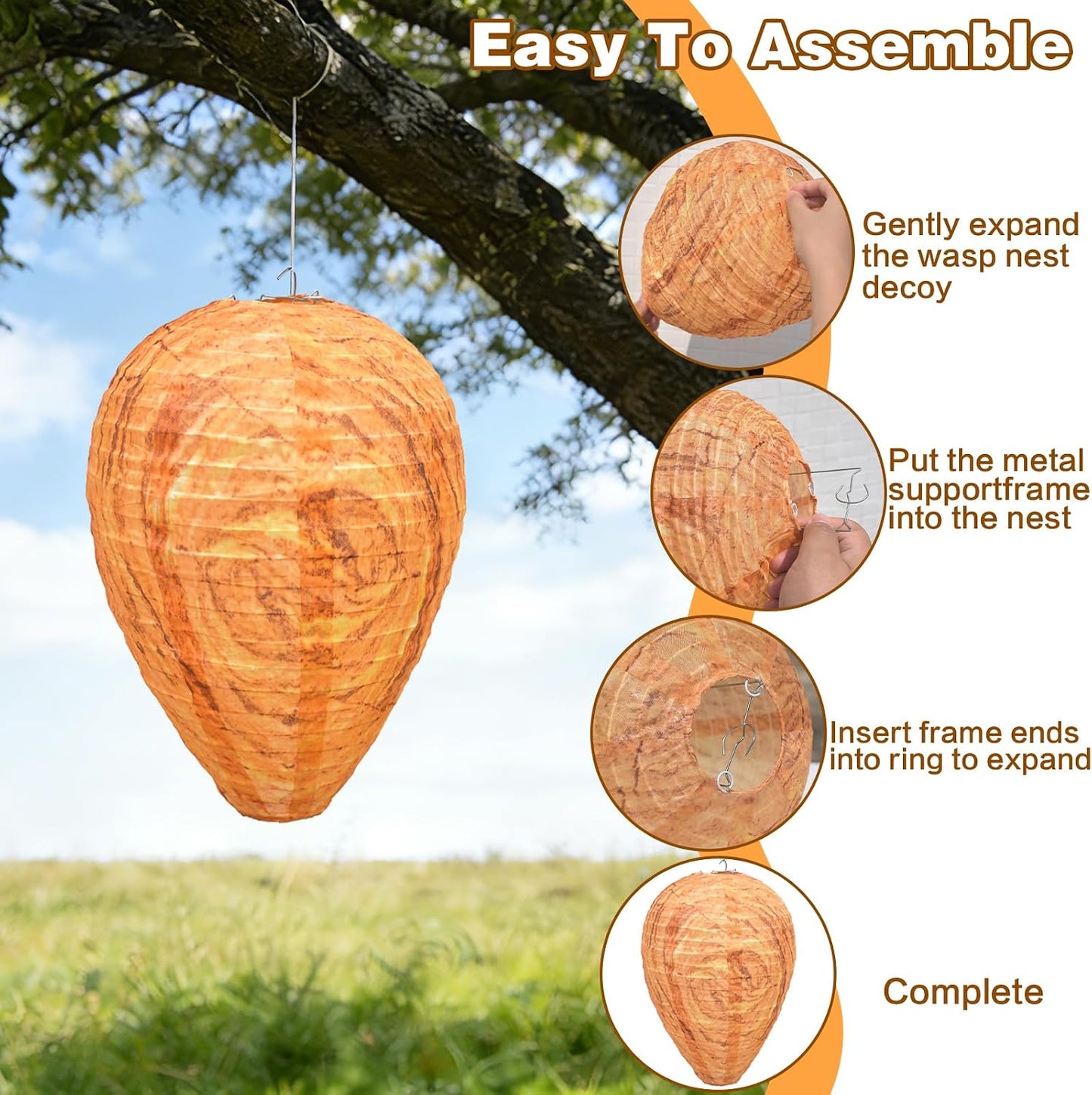 Fake Wasp Nest 4 Pack, Upgraded Waterproof Wasp Nest Decoy Outdoor Hanging, Realistic Artificial Hornet Nests with Stainless Steel Frame for Patio, Porch, Garden, Backyard, Under Eaves