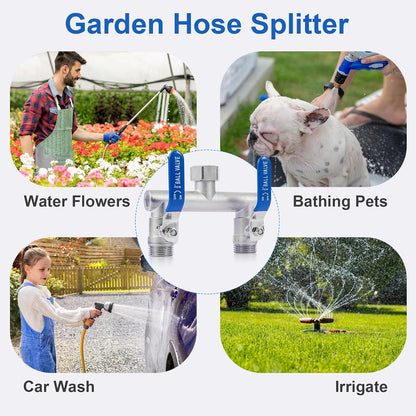 2 Way Garden Hose Splitter, 304 Stainless Steel T Valve, Full Flow with Long Handle, Lead-Free Rust & Freeze Resistant, 3/4" GHT Thread Outdoor Hose Adapter
