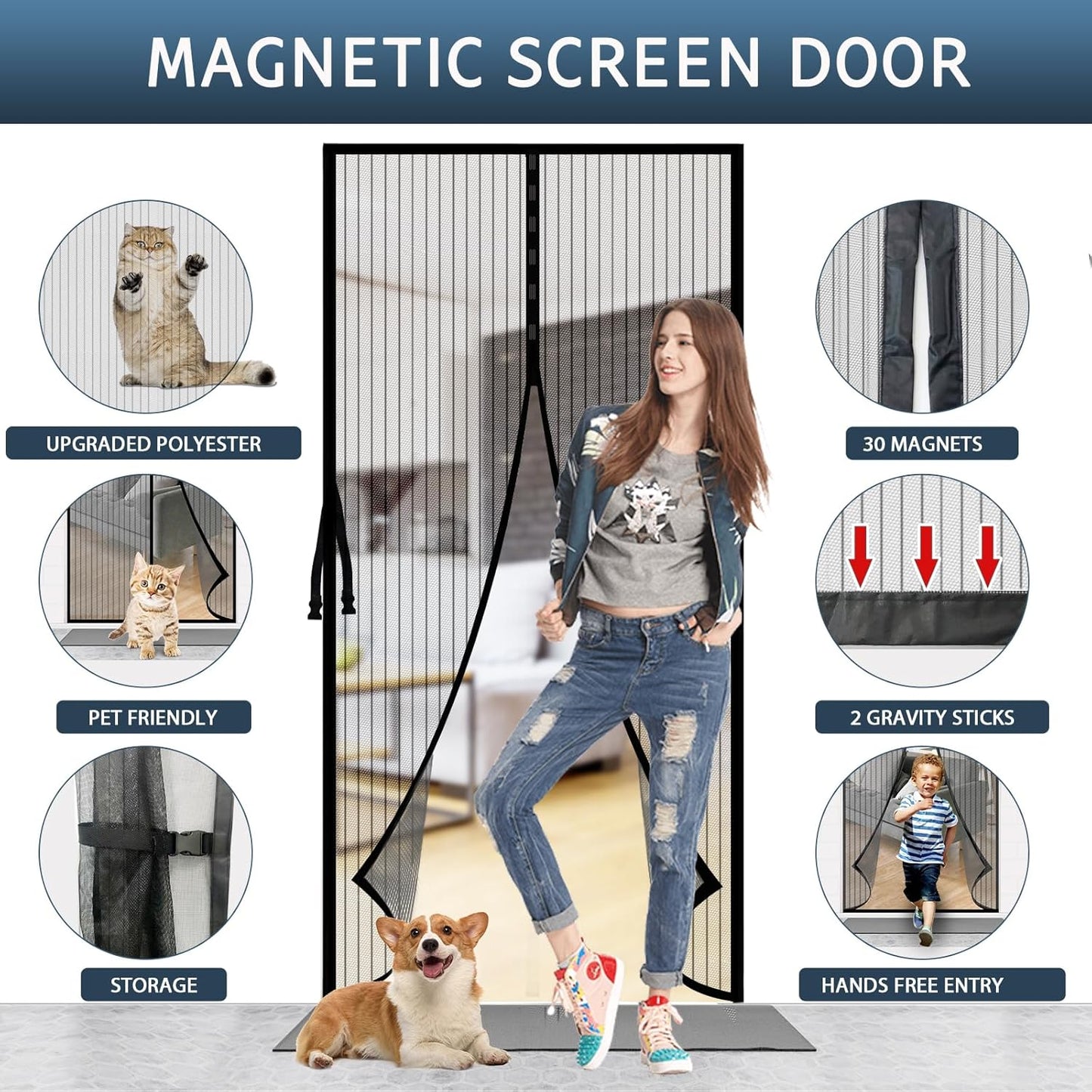 YRH Magnetic Screen Door with Stay Open Buckles - Door Curtains Heavy Duty Self-Sealing Mesh,Powerful Magnets (Fit for Door Size:36x82 Inch,Screen Itself Size:38x83 Inch, Black)