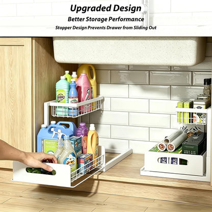 2 Pack Under Sink Organizer, 3-Tier Pull Out Kitchen Cabinet Organizer with 5 Adjustable Heights Metal Slide Out Bathroom Storage Makeup Drawer Rack for Bedroom Office Pantry Home Organization, White
