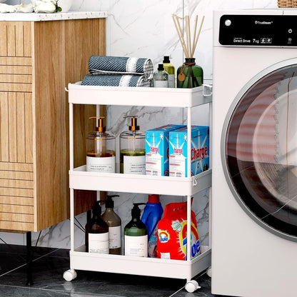 SPACEKEEPER Rolling Storage Cart 3 Tier, Bathroom Cart Organizer Laundry Room Organizer Utility Cart Mobile Shelving Unit Multi-Functional Shelves for Office, Kitchen, Bathroom, White