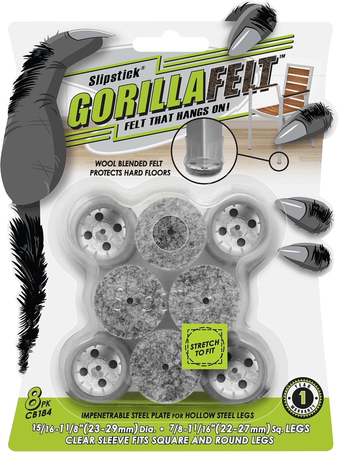 GorillaFelt Chair Leg Floor Protectors/Felt Chair Glides (Set of 16) Tap-On Felt Furniture Pads Guaranteed to Stay On, 1 Inch Round Chair Sliders