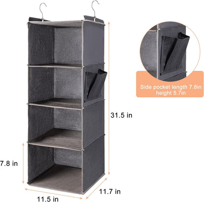 BOOMIBOO Hanging Closet Organizer and Shelves, 4 Shelves with 1 Side Pockets, Foldable, Grey Fabric, Modern Style, for Bedroom and Dorm Room (Grey)