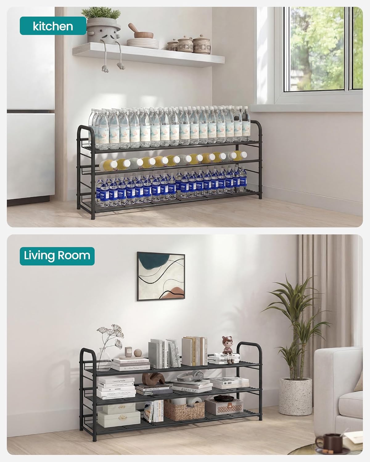 SONGMICS Stackable Shoe Rack, 4 Tier Metal Shoes Rack Storage Shelf, Holds up to 16 Pairs Shoes, Adjustable Slanted Shelves Shoe Tower Organizer for Closet Entryway Small Spaces, Black