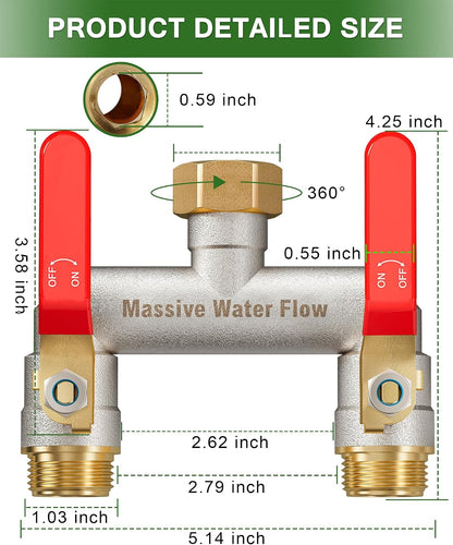 Hose Splitter 2 Way Heavy Duty, Garden Hose Splitter with 304 Stainless Steel Long Handle, Full Flow Brass Nickel Plated Water Hose T Spigot Splitter Adapter Connector, 3/4 - Inch GHT Thread (Blue)
