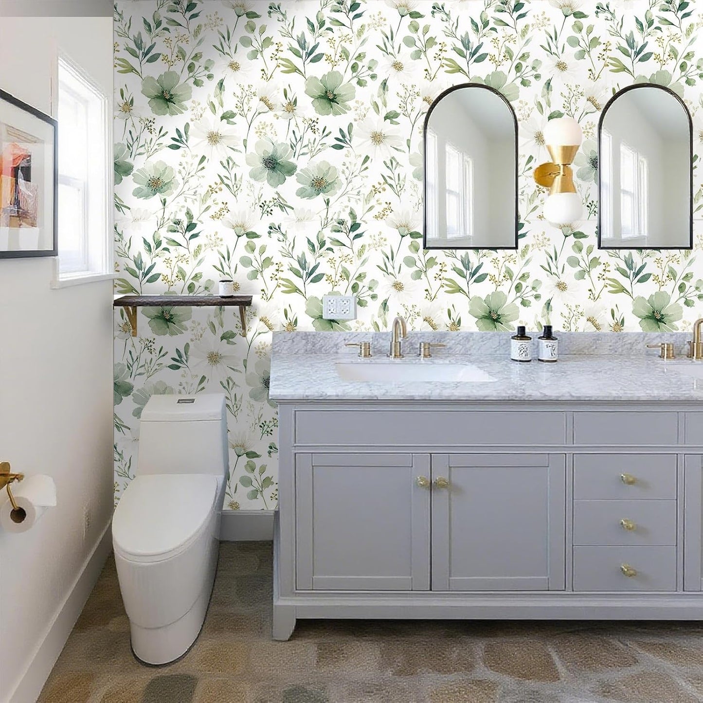 Sage Green Floral Peel and Stick Wallpaper Self Adhesive Removable Modern for Bedroom Accent Wall Renter Friendly Thick Watercolor Natural Flower Wallpaper 17.7" x 118"