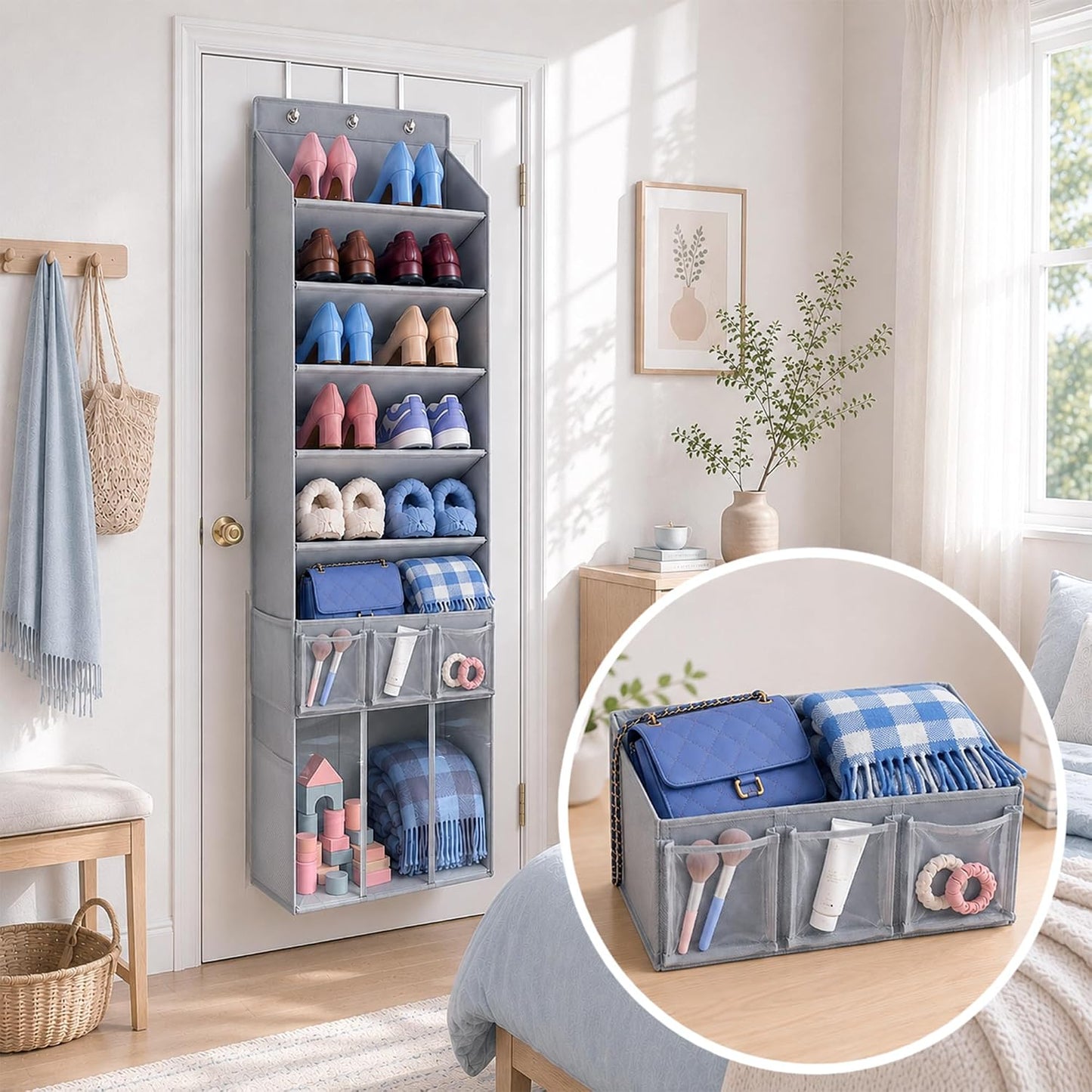 3in1 Over The Door Shoe Organizer with 5 Slanted Compartments,Removable Storage Bin & Transparent Pockets,Thickened Waterproof Oxford Fabric Shoes Rack for Shoes,Boots,Toys,Daily Essentials. (Beige)