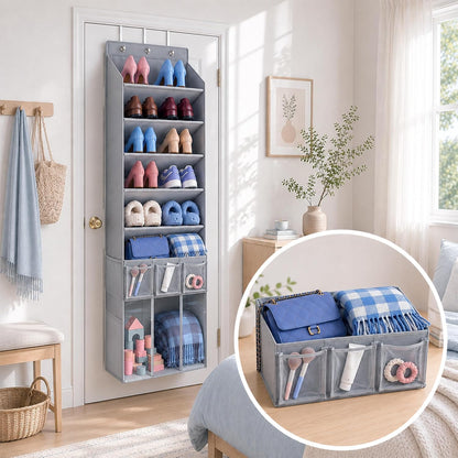 3in1 Over The Door Shoe Organizer with 5 Slanted Compartments,Removable Storage Bin & Transparent Pockets,Thickened Waterproof Oxford Fabric Shoes Rack for Shoes,Boots,Toys,Daily Essentials. (Beige)