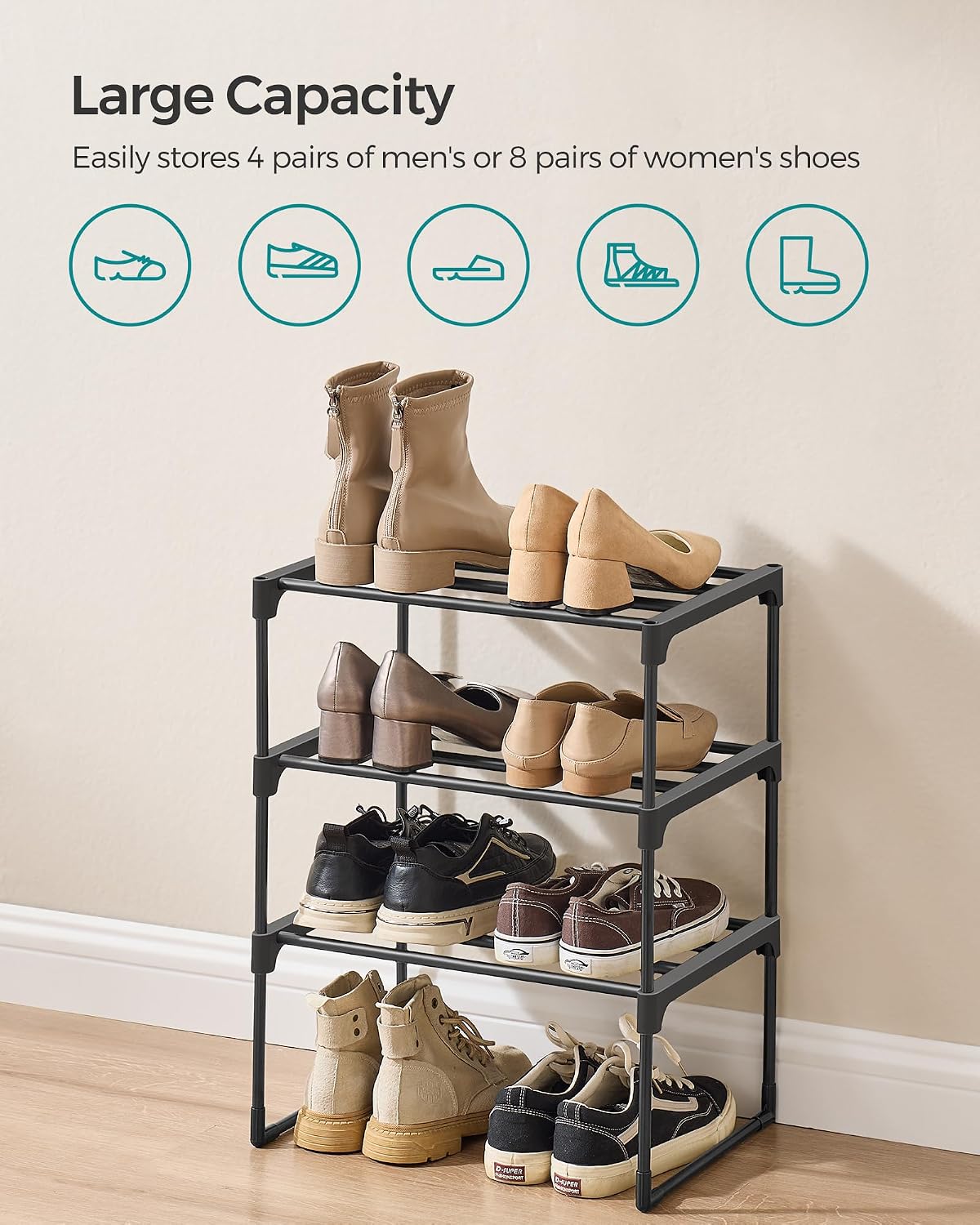 SONGMICS Shoe Rack, 6-Tier Shoe Organizer, Metal Storage Shelf, Upright or Upside Down, for 24-30 Pairs, Stackable, for Entryway, 11.8 x 36.2 x 42.7 Inches, Black ULSA306BH01