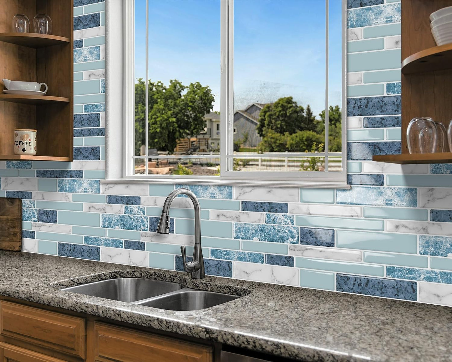 DEWOO Peel and Stick on Self Adhesive Backsplash Wall Marble Tiles Stickers 3D for Kitchen Bathroom,Spliced Blue (10-Sheet, 12"×12")