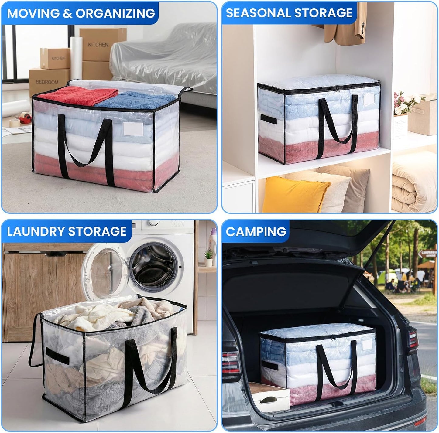 TAILI Extra Large Moving Bags, 4 Pack Blue Heavy Duty Totes For Storage with Visible Window, Wrap Around Handles, Storage Bags for Space Saving, Alternative to Moving Boxes