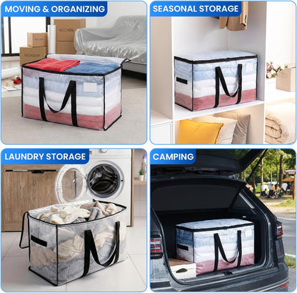 TAILI Extra Large Moving Bags, 4 Pack Blue Heavy Duty Totes For Storage with Visible Window, Wrap Around Handles, Storage Bags for Space Saving, Alternative to Moving Boxes