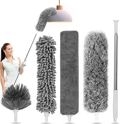 Duster with Extension Pole - Blue | 5-in-1 Kit Dusters for Cleaning, Extendable Duster with 100 Inches, Microfiber Dusters for Ceiling Fans, Furniture, Blinds
