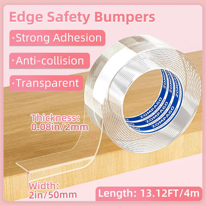 ZOMPAGO Baby Proofing Edge Protector Strip 2In x 13.4FT Clear Furniture Corner Guards for Toddlers Transparent Soft Sharp Edge Safety Bumpers Table Desk Fireplace Child Proof Protector Tape