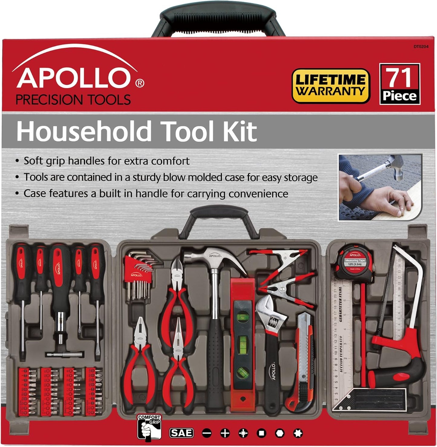 Apollo Tools 71 Piece Complete Household Tool Set with Clamp, Hacksaw, Carpenter Square, Screwdriver and Plier Sets for College, Home Repairs and DIY - Red - DT0204