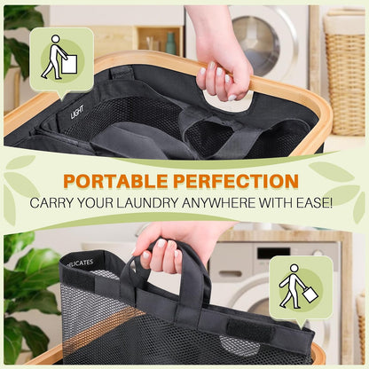 160L Laundry Hamper with Lid, 3 Section Laundry Basket with 3 Removable Bag | Clothes Hampers for Laundry with Bamboo Frame Handle, Large Dirty Clothes Hamper for Laundry Room, Bathroom, Bedroom, Black