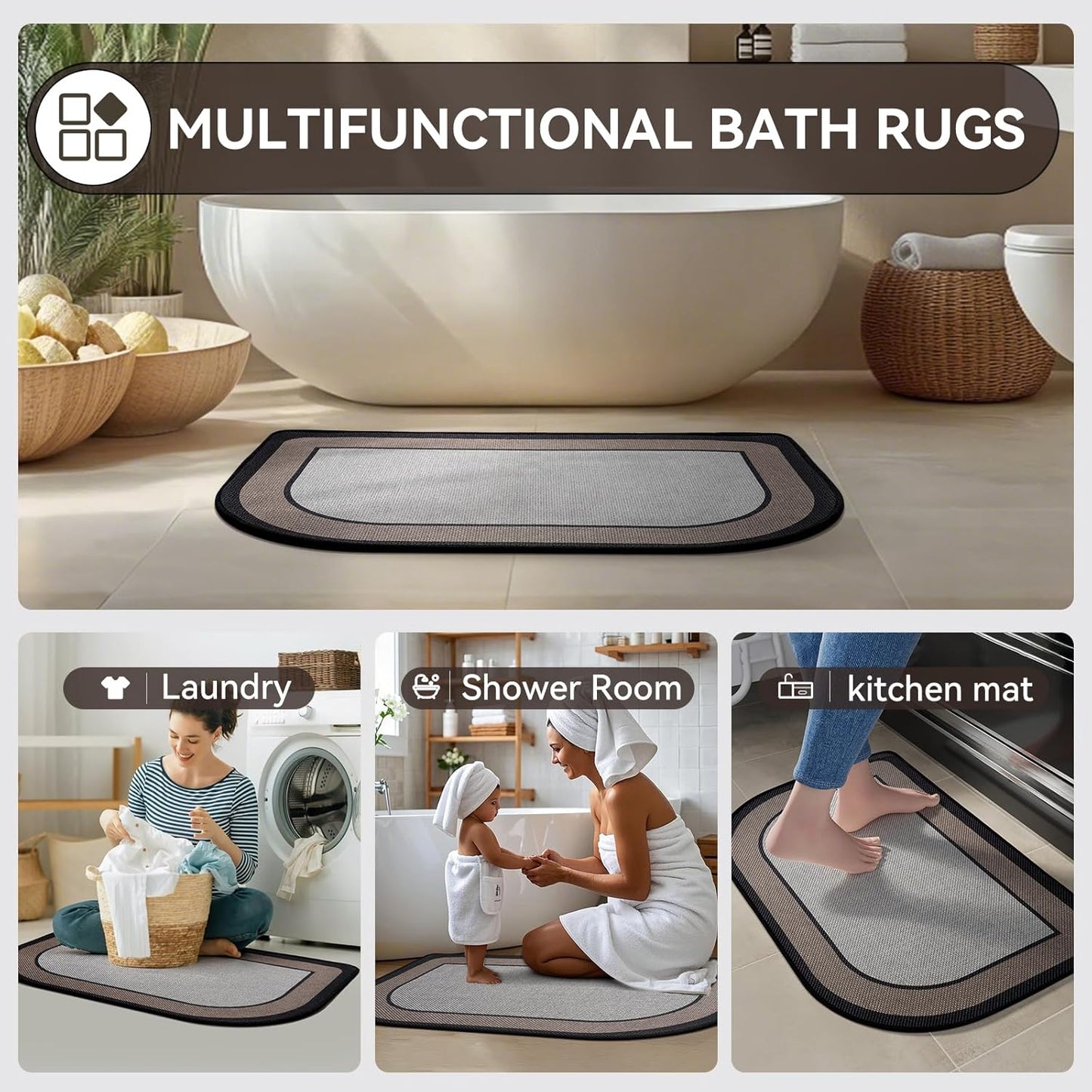 YDKGL Ultra Thin Bathroom Rugs Mat Quick Dry Absorbent Non Slip Bath Mat Bath Mats for Bathtub Mat Bathroom Carpet Fit Under Door Washable Floor Rubber Half Round Bath Rugs Grey 16x24